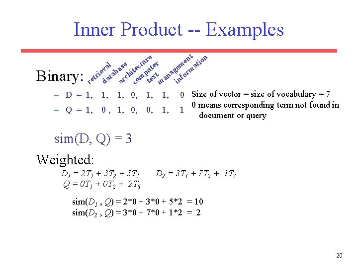 Inner Product -- Examples Binary: nt ion re r e u m at al