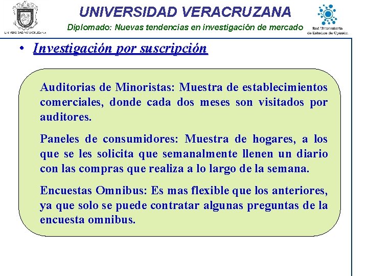 UNIVERSIDAD VERACRUZANA Diplomado: Nuevas tendencias en investigación de mercado • Investigación por suscripción Auditorias