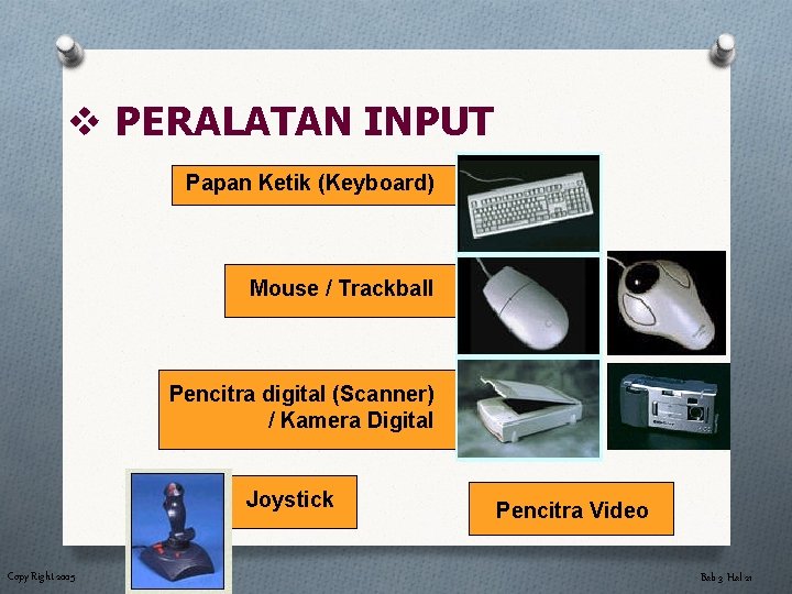 v PERALATAN INPUT Papan Ketik (Keyboard) Mouse / Trackball Pencitra digital (Scanner) / Kamera