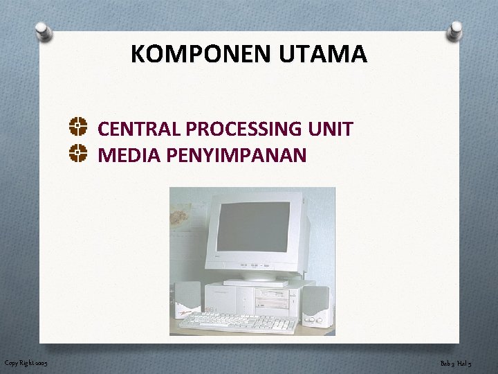 KOMPONEN UTAMA CENTRAL PROCESSING UNIT MEDIA PENYIMPANAN Copy Right 2005 Bab 3 Hal 5