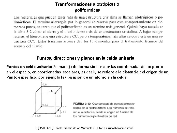 Transformaciones alotrópicas o poliformicas Puntos, direcciones y planos en la celda unitaria Puntos en