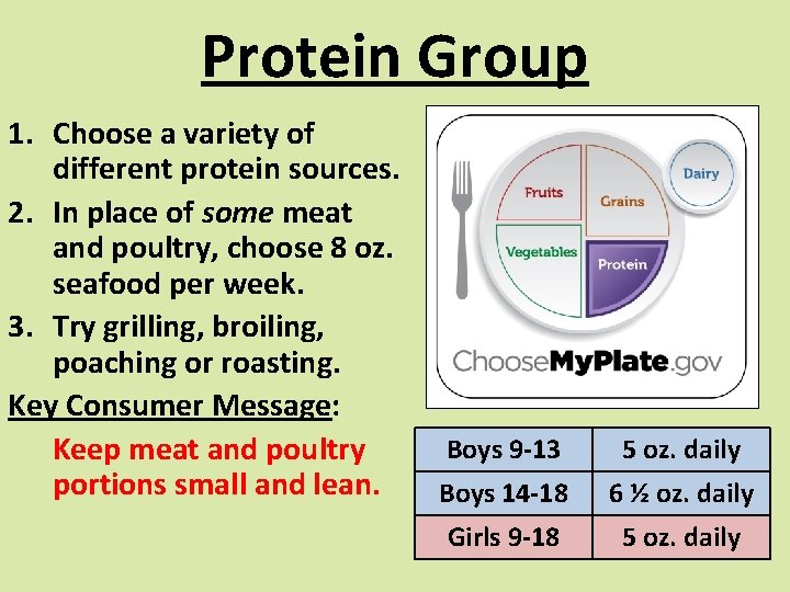 Protein Group 1. Choose a variety of different protein sources. 2. In place of