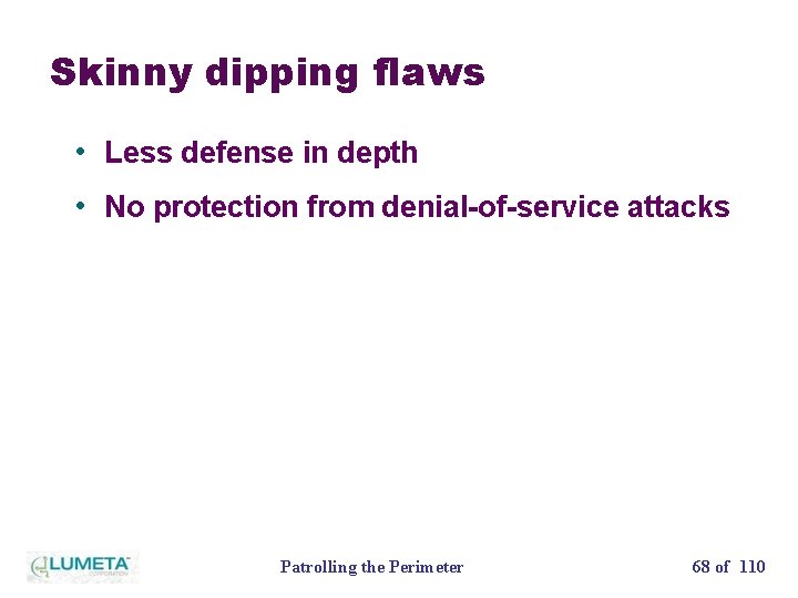 Skinny dipping flaws • Less defense in depth • No protection from denial-of-service attacks