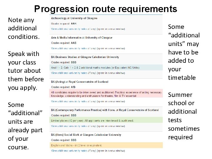 Progression route requirements Note any additional conditions. Speak with your class tutor about them