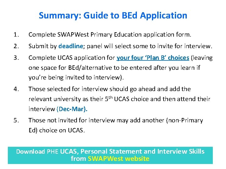 Summary: Guide to BEd Application 1. Complete SWAPWest Primary Education application form. 2. Submit