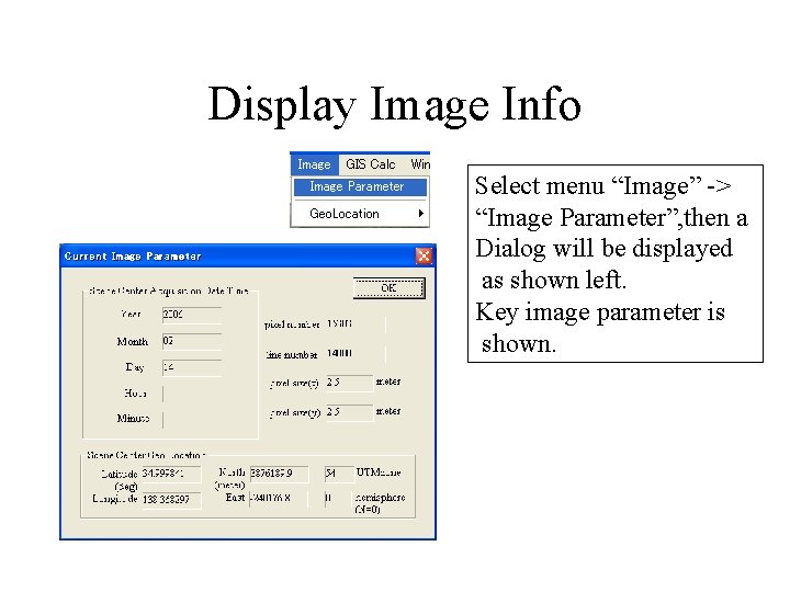 Display Image Info Select menu “Image” -> “Image Parameter”, then a Dialog will be