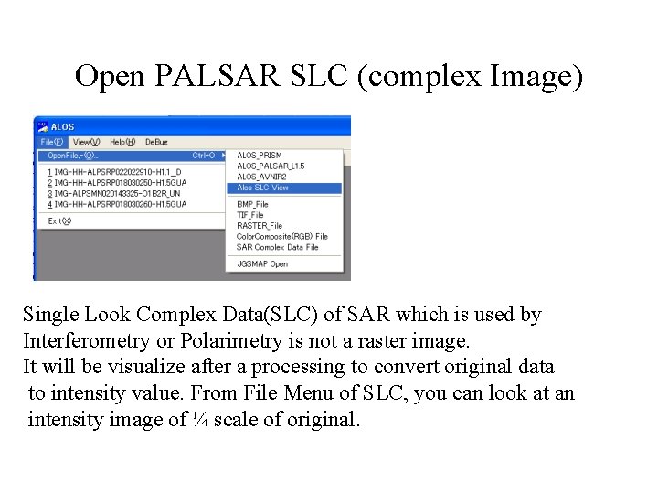 Open PALSAR SLC (complex Image) Single Look Complex Data(SLC) of SAR which is used