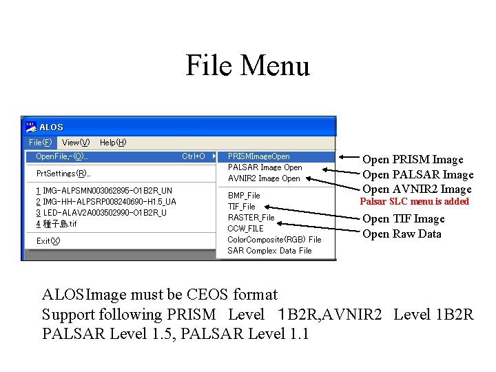 File Menu Open PRISM Image Open PALSAR Image Open AVNIR 2 Image Palsar SLC