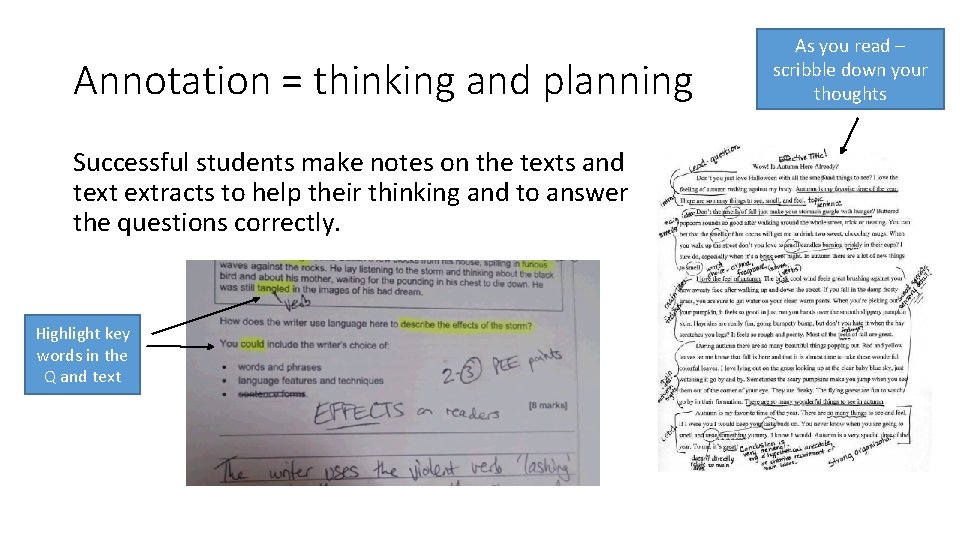 Annotation = thinking and planning Successful students make notes on the texts and text