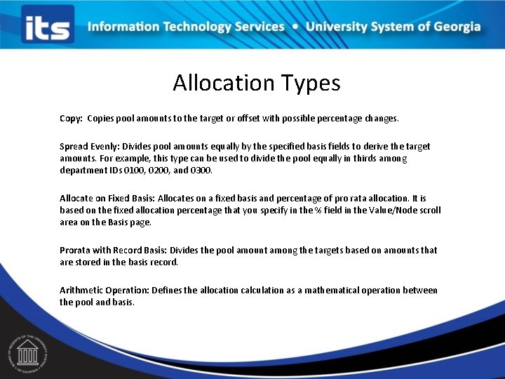 Allocation Types Copy: Copies pool amounts to the target or offset with possible percentage