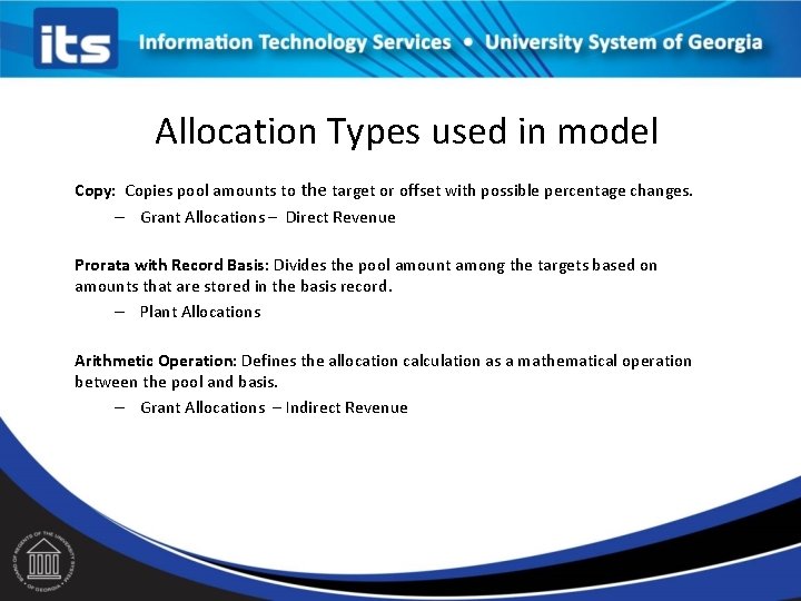 Allocation Types used in model Copy: Copies pool amounts to the target or offset