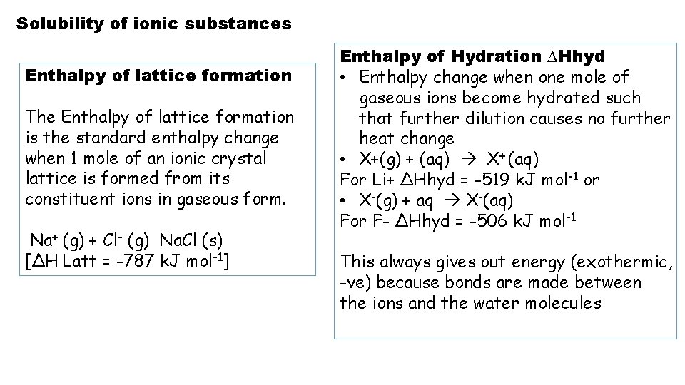Solubility of ionic substances Enthalpy of lattice formation The Enthalpy of lattice formation is