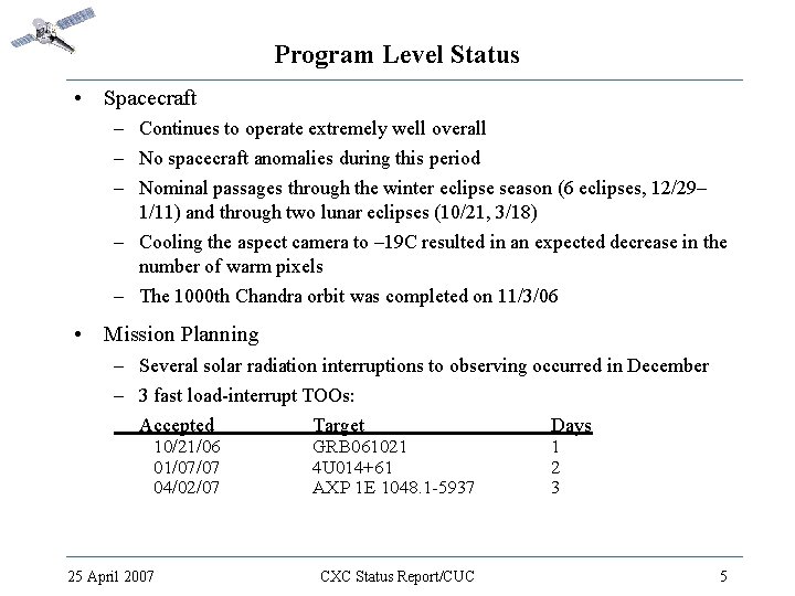 Program Level Status • Spacecraft – Continues to operate extremely well overall – No