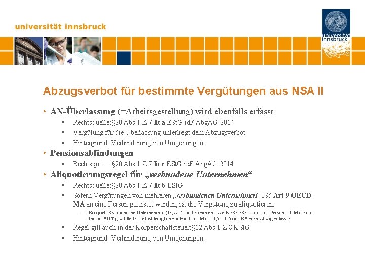 Abzugsverbot für bestimmte Vergütungen aus NSA II • AN-Überlassung (=Arbeitsgestellung) wird ebenfalls erfasst §