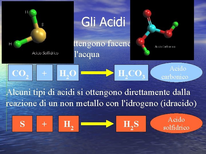 Gli Acidi Gli acidi si ottengono facendo reagire un anidride con l'acqua CO 2