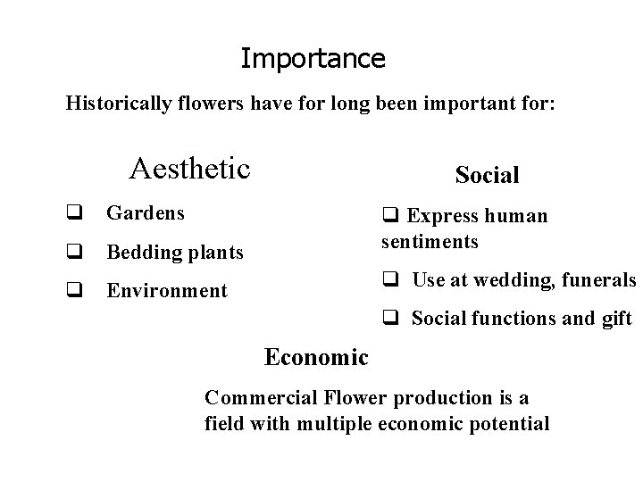 Importance Historically flowers have for long been important for: Aesthetic Social q Gardens q Importance Historically flowers have for long been important for: Aesthetic Social q Gardens q