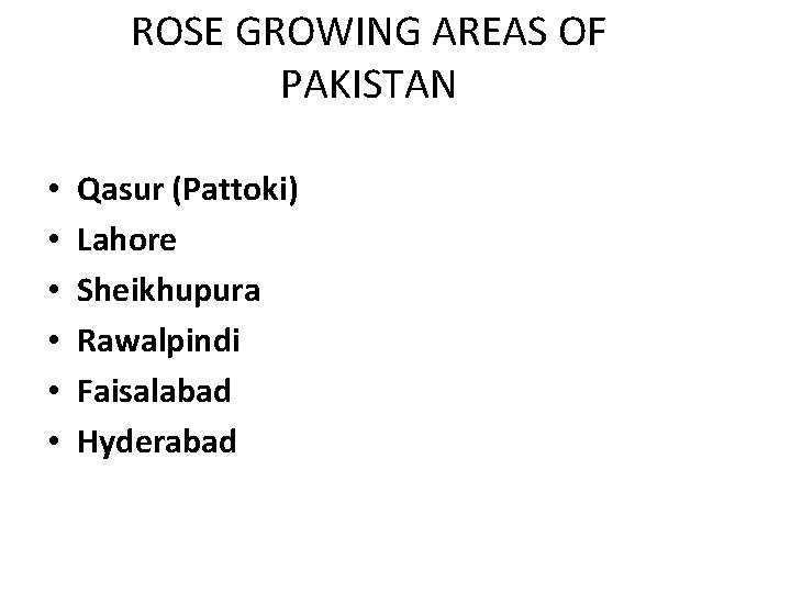 ROSE GROWING AREAS OF PAKISTAN • • • Qasur (Pattoki) Lahore Sheikhupura Rawalpindi Faisalabad ROSE GROWING AREAS OF PAKISTAN • • • Qasur (Pattoki) Lahore Sheikhupura Rawalpindi Faisalabad