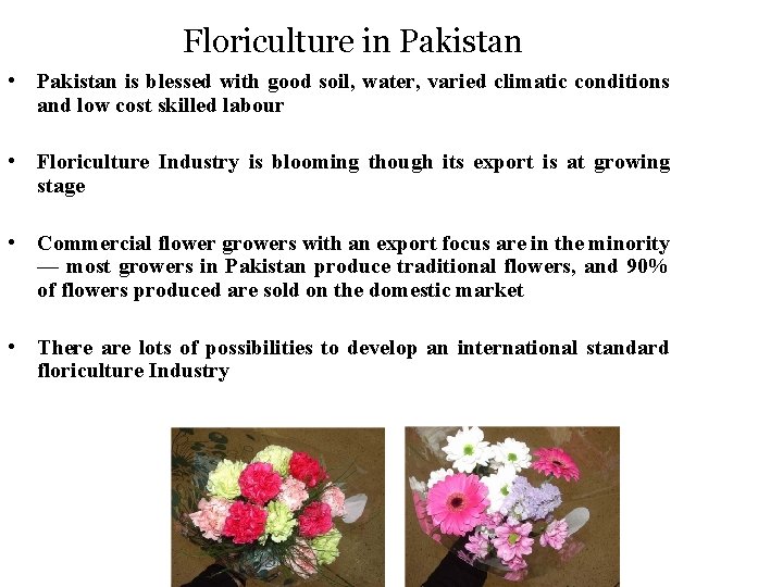 Floriculture in Pakistan • Pakistan is blessed with good soil, water, varied climatic conditions Floriculture in Pakistan • Pakistan is blessed with good soil, water, varied climatic conditions
