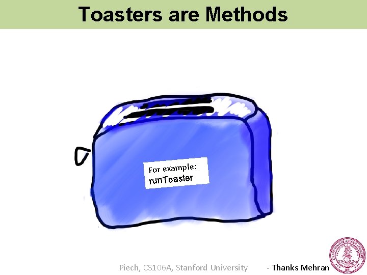 Toasters are Methods For example: run. Toaster Piech, CS 106 A, Stanford University -