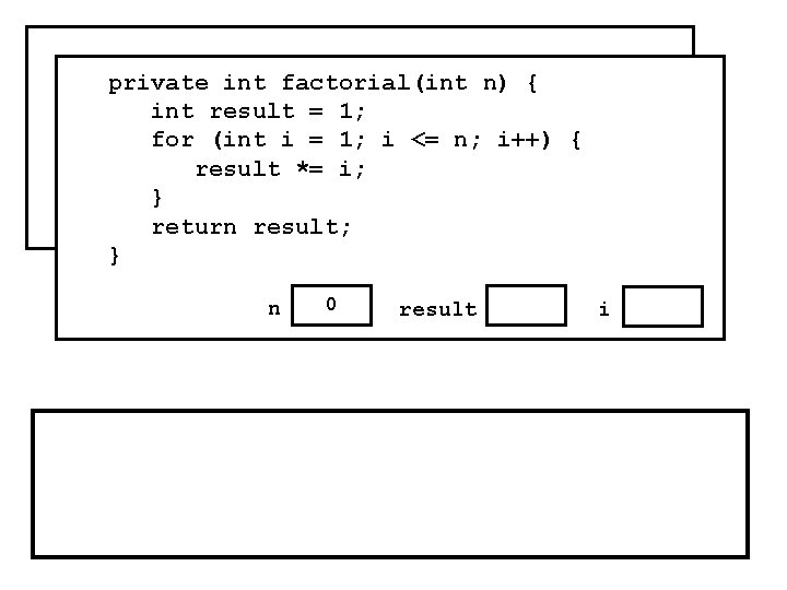 public void run() { private n) i++) { for(int i = factorial(int 0; i