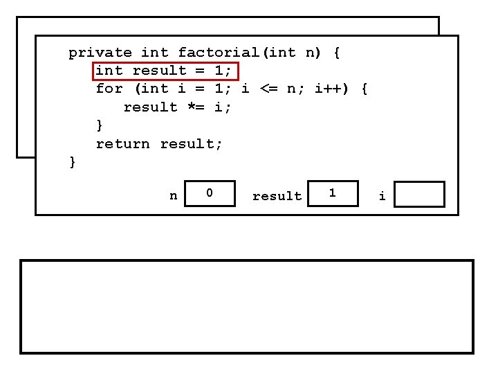 public void run() { private n) i++) { for(int i = factorial(int 0; i