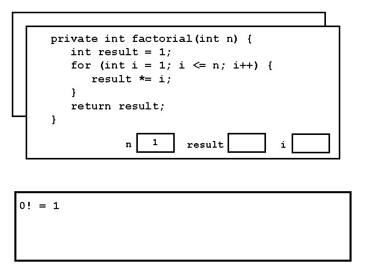 public void run() { private n) i++) { for(int i = factorial(int 0; i