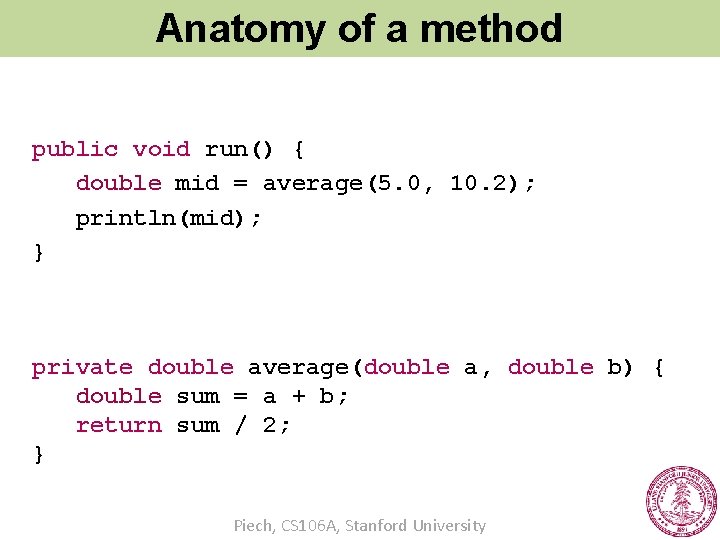 Anatomy of a method public void run() { double mid = average(5. 0, 10.