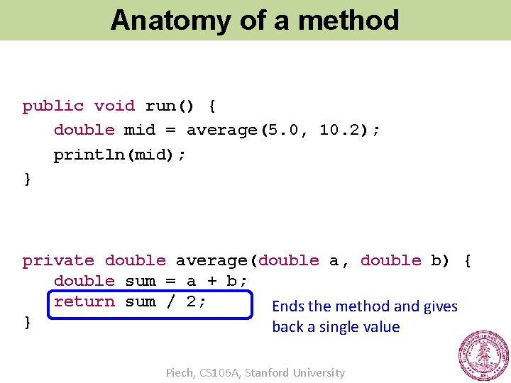 Anatomy of a method public void run() { double mid = average(5. 0, 10.