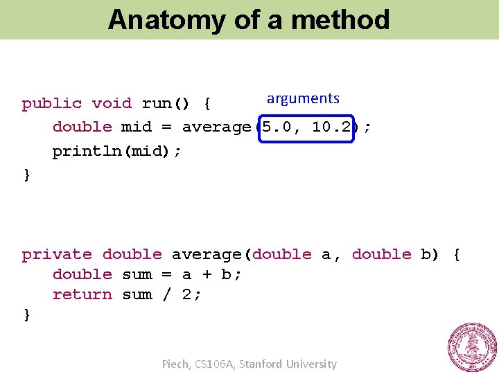 Anatomy of a method arguments public void run() { double mid = average(5. 0,