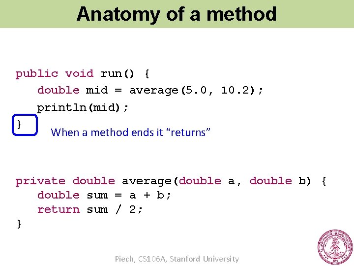 Anatomy of a method public void run() { double mid = average(5. 0, 10.