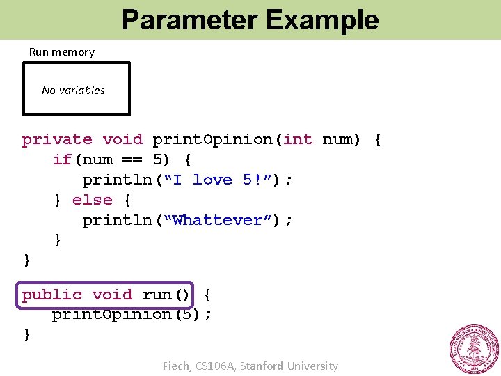 Parameter Example Run memory No variables private void print. Opinion(int num) { if(num ==