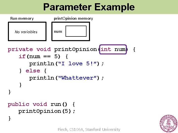 Parameter Example Run memory No variables print. Opinion memory num private void print. Opinion(int