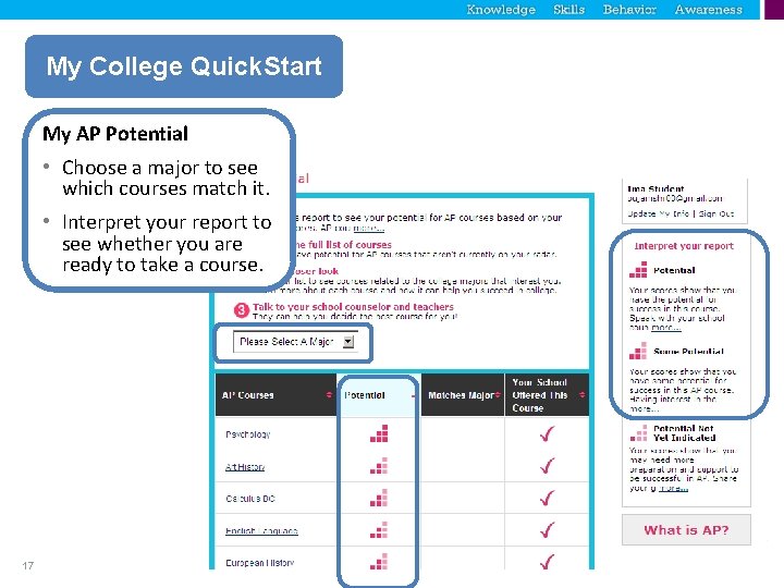 My College Quick. Start My AP Potential • Choose a major to see which