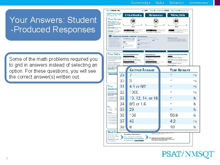 Your Answers: Student -Produced Responses Some of the math problems required you to grid