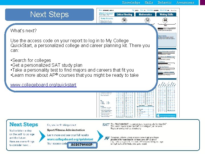 Next Steps What’s next? Use the access code on your report to log in