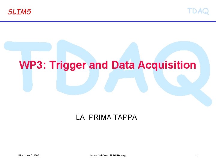 TDAQ SLIM 5 TDAQ WP 3: Trigger and Data Acquisition LA PRIMA TAPPA Pisa