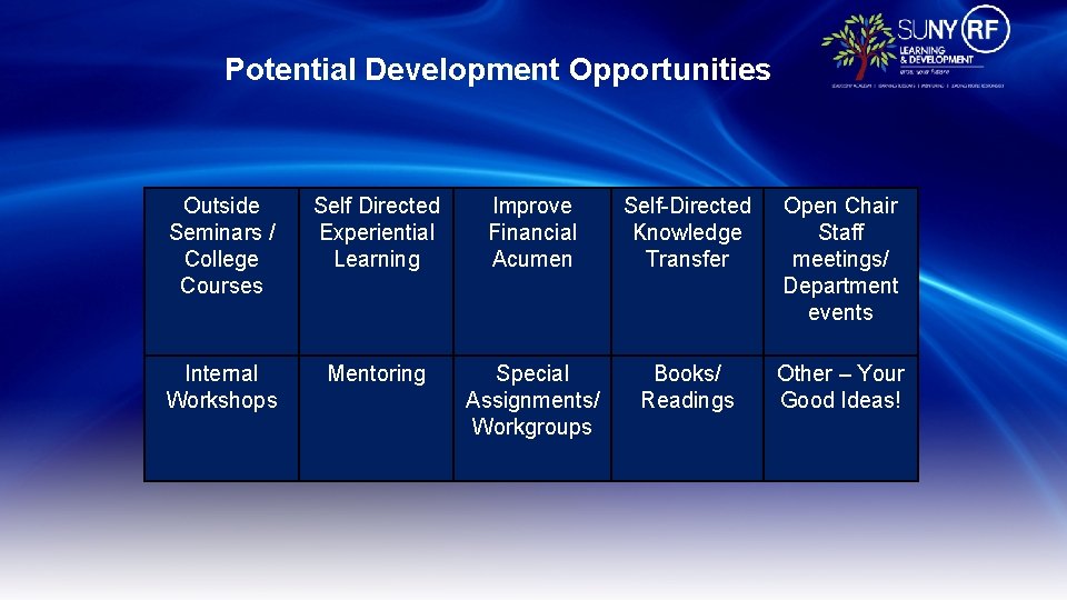 Potential Development Opportunities Outside Seminars / College Courses Self Directed Experiential Learning Improve Financial