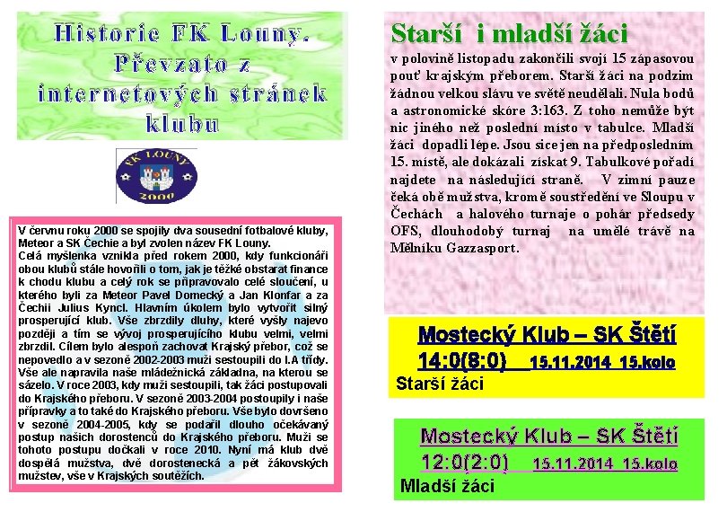 Historie FK Louny. Převzato z internetových stránek klubu V červnu roku 2000 se spojily