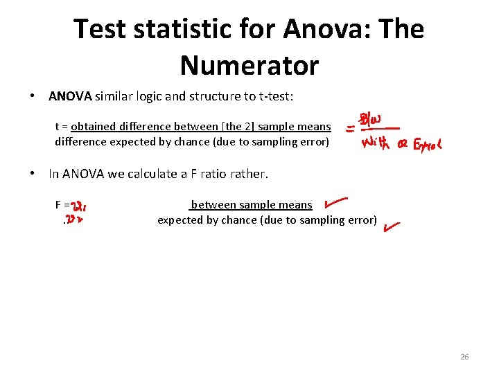 Test statistic for Anova: The Numerator • ANOVA similar logic and structure to t-test: