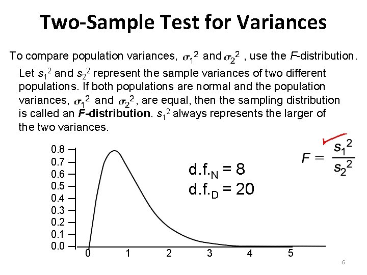 Two-Sample Test for Variances To compare population variances, and , use the F-distribution. Let