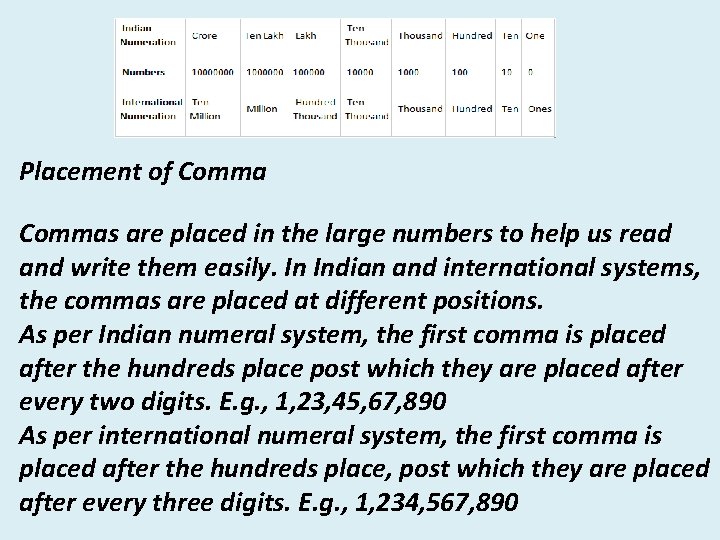 Placement of Commas are placed in the large numbers to help us read and
