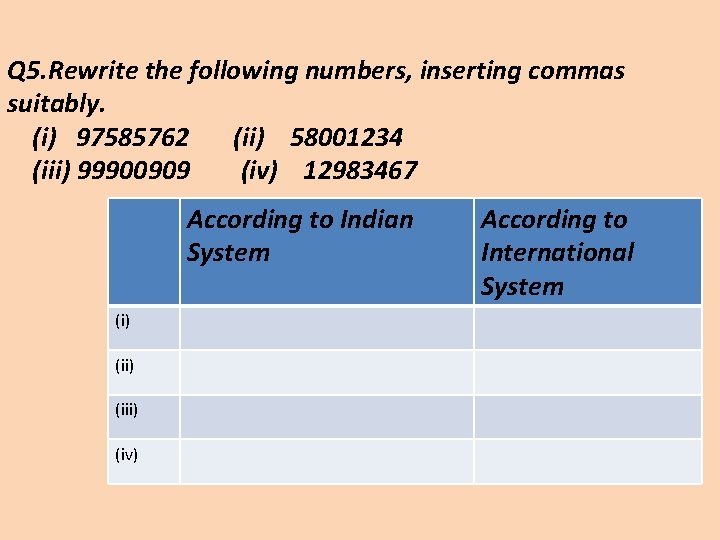 Q 5. Rewrite the following numbers, inserting commas suitably. (i) 97585762 (ii) 58001234 (iii)