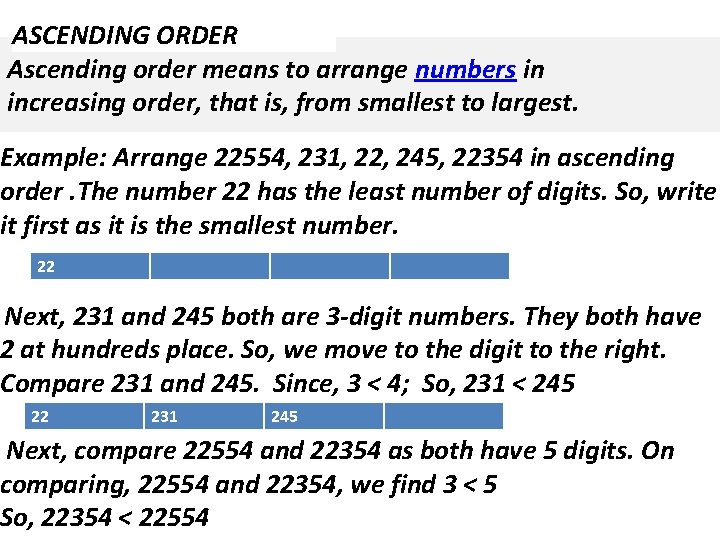 ASCENDING ORDER Ascending order means to arrange numbers in increasing order, that is, from