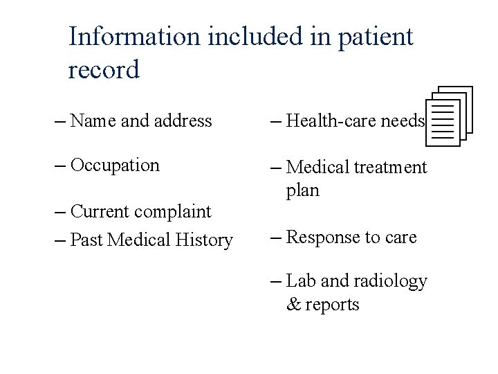 Information included in patient record – Name and address – Health-care needs – Occupation