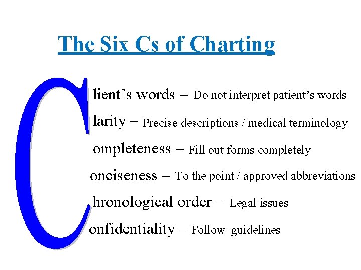 The Six Cs of Charting Client’s words – Do not interpret patient’s words Clarity