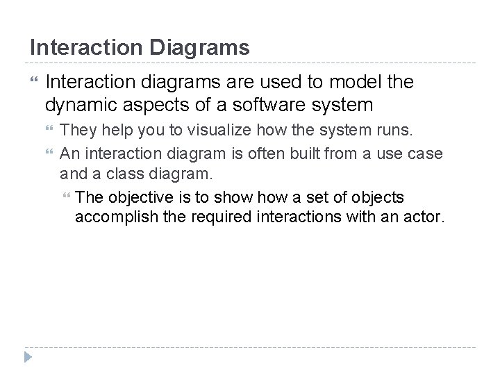 Interaction Diagrams Interaction diagrams are used to model the dynamic aspects of a software