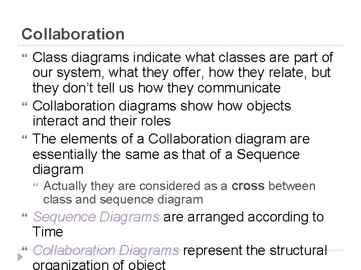 Collaboration Class diagrams indicate what classes are part of our system, what they offer,