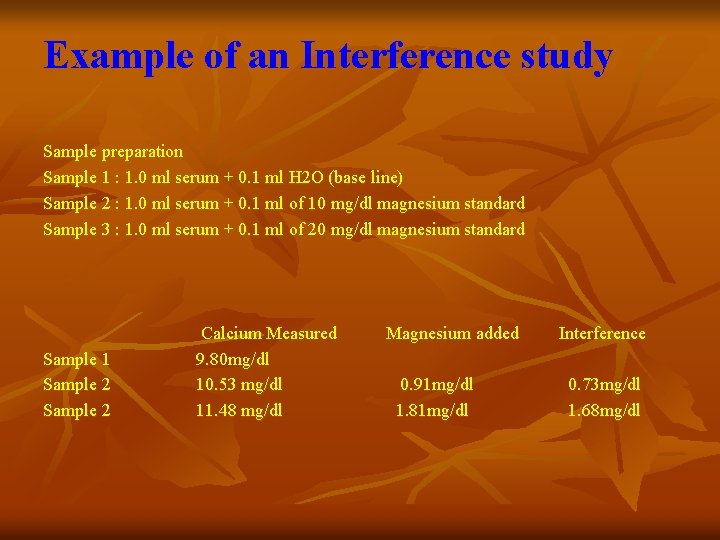 Example of an Interference study Sample preparation Sample 1 : 1. 0 ml serum
