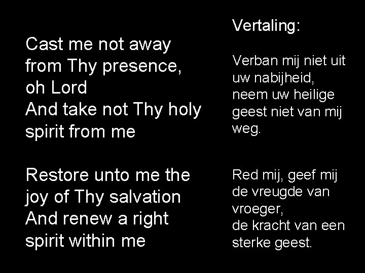 Cast me not away from Thy presence, oh Lord And take not Thy holy