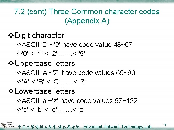 7. 2 (cont) Three Common character codes (Appendix A) v. Digit character ²ASCII ‘